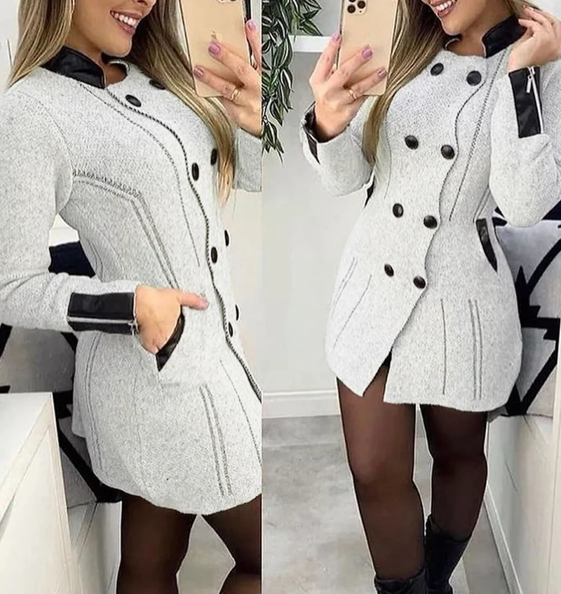 

Elegant Autumn Winter 2023 Women's Jacket Fashion Casual Contrast Paneled Pocket Design Buttoned Coat Female Clothing Overcoat