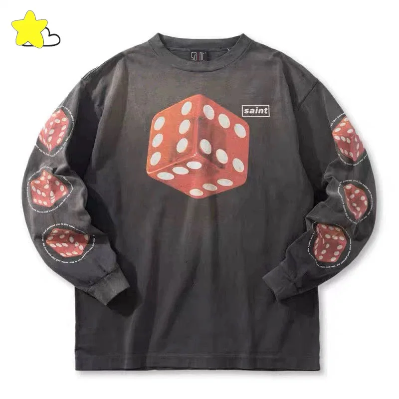 Dice Printing Vintage Washed Black Saint Michael Long Sleeve T Shirts Hip Hop Oversized T-Shirt Top For Men Women Inside Tags
Dice Printing Vintage Washed Black Saint Michael Long Sleeve T Shirts Hip Hop Oversized T-Shirt Top For Men Women Inside Tags
