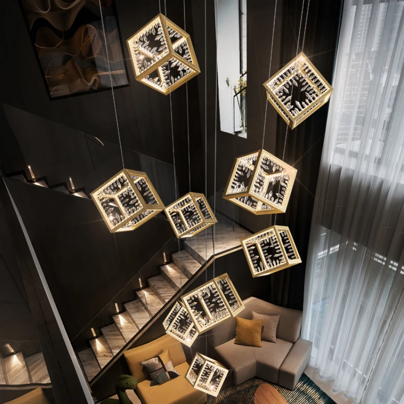 

Crystal Glass Rubik'S Cube Revolving Living Room Stair Chandelier Restaurant Shop Exhibition Hall Duplex Villa Long Lights
