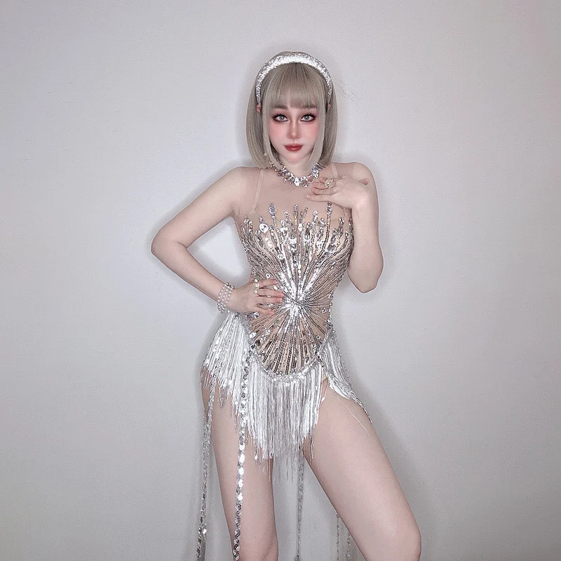 

New model slimming mesh, rhinestone tassel, buttocks wrapped skirt, formal dress, stage outfit, fashionable performance attire
