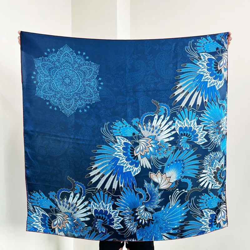 

Blue Mulberry Silk Scarf Women Square Big Bandana Herm Rolled Shawls Foulard Luxury Head Hair Decoration Gift 110CM