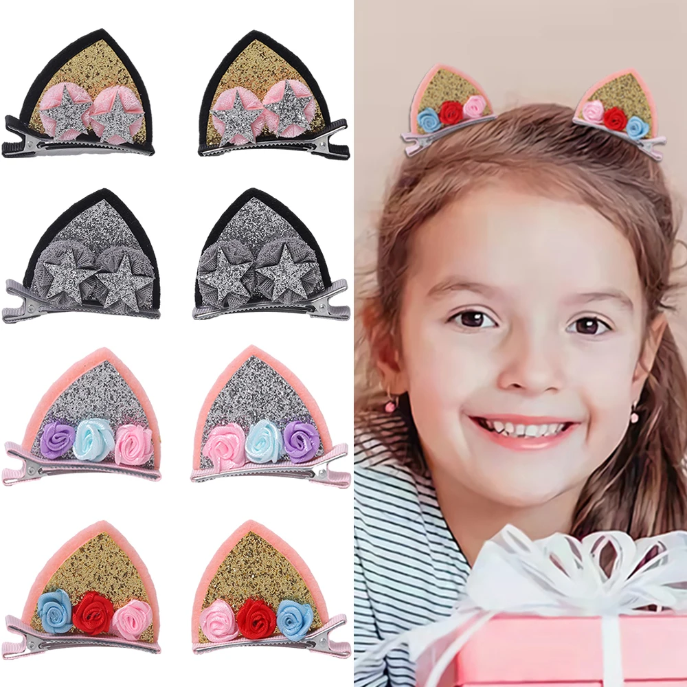 

Cute Cat Ear Hair Clips For Girls Glitter Rainbow Felt Fabric Flower Hairpins Barrettes Kids Headwear Baby Hair Accessories