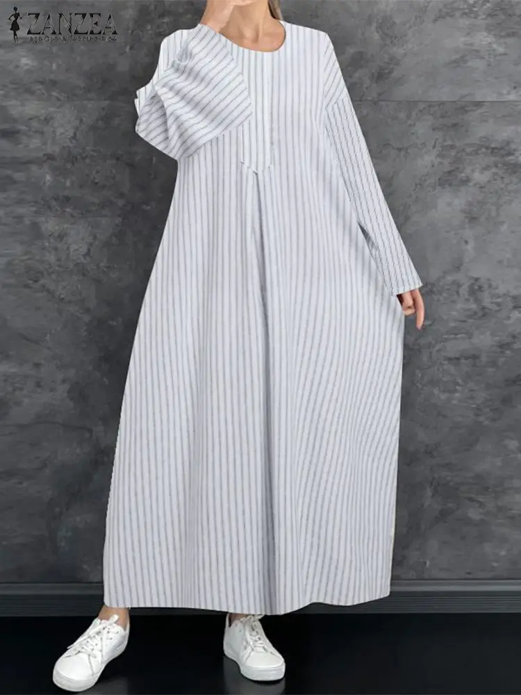 

ZANZEA Loose Round Neck Maxi Dress Women Stripes Drop Shoulder Sleeve Long Robe 2024 Spring Casual Swing A-line Vestido Oversize