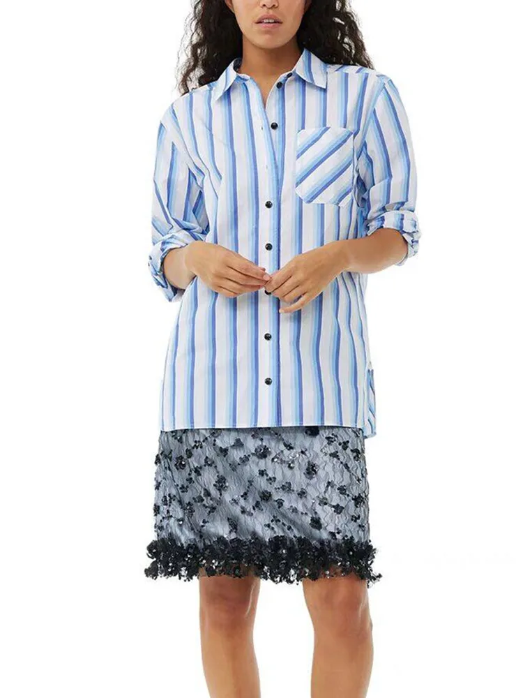 

Stripes Women Turn-Down Collar Blouse Single Breasted Long Sleeve Casual Pocket Summer New 2024 Ladies Hem Split Shirt Tops