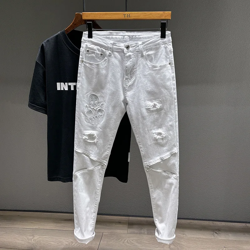 

White jeans men's ripped fashion design street casual Pu handsome stretch slim stretch casual feet trousers