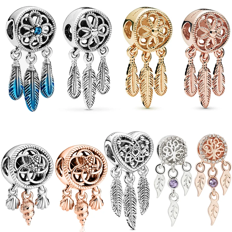 

Fit Pandora Rose Gold Silver Color Openwork Heart & Three Feathers Dreamcatcher Set Charm Pendant for Bracelet Women Jewelry DIY