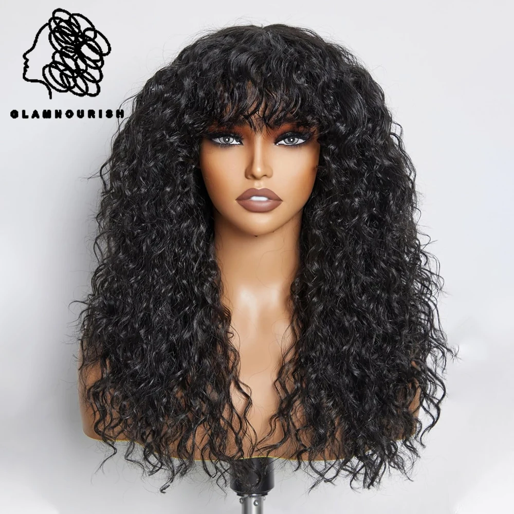 

Curly Glueless Bang Human Hair Wigs For Black Women Full Machine Made Ready To Wear Kinky Curly Bob Wigs With Bangs Pelucas