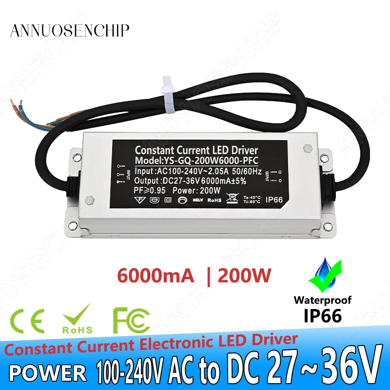 

6000mA LED Lamp Driven 100-240V AC to DC 27-36V Power Supply Converter IP66 Waterproof Aluminum Transformer Constant Current 6A