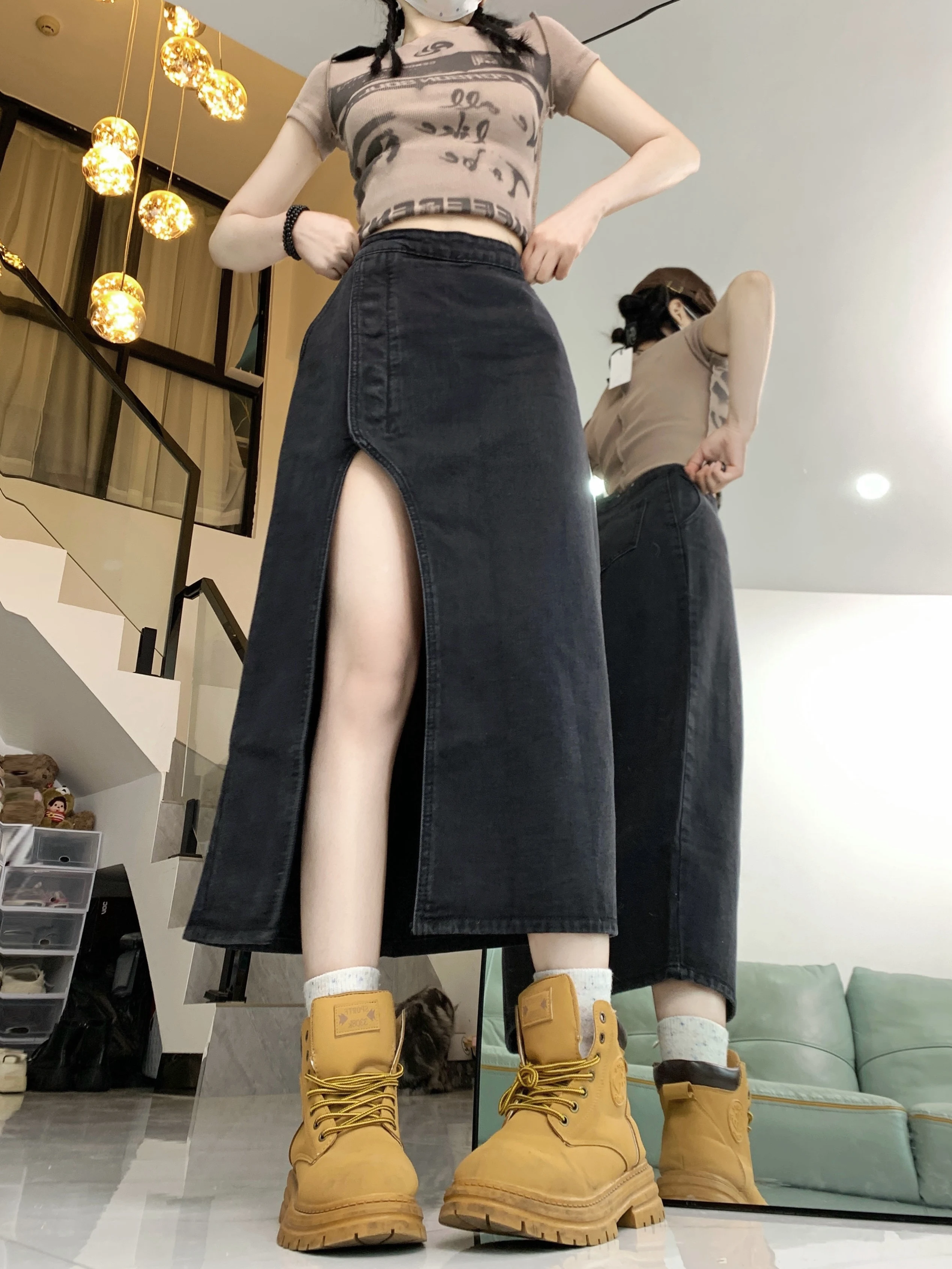 

Women Black Gothic A-line Denim Skirt Vintage Y2k Long Skirt with Slit Harajuku Korean Jean Skirt 2000s Emo Clothes Summer 2024