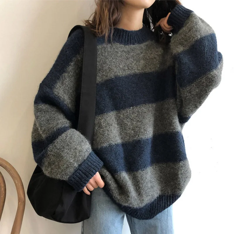 

Women Sweater Long Sleeve Vintage Knitted Casual Sweaters Streetwear Loose Jumper Knitwear Korean Autumn Winter StripedPullover