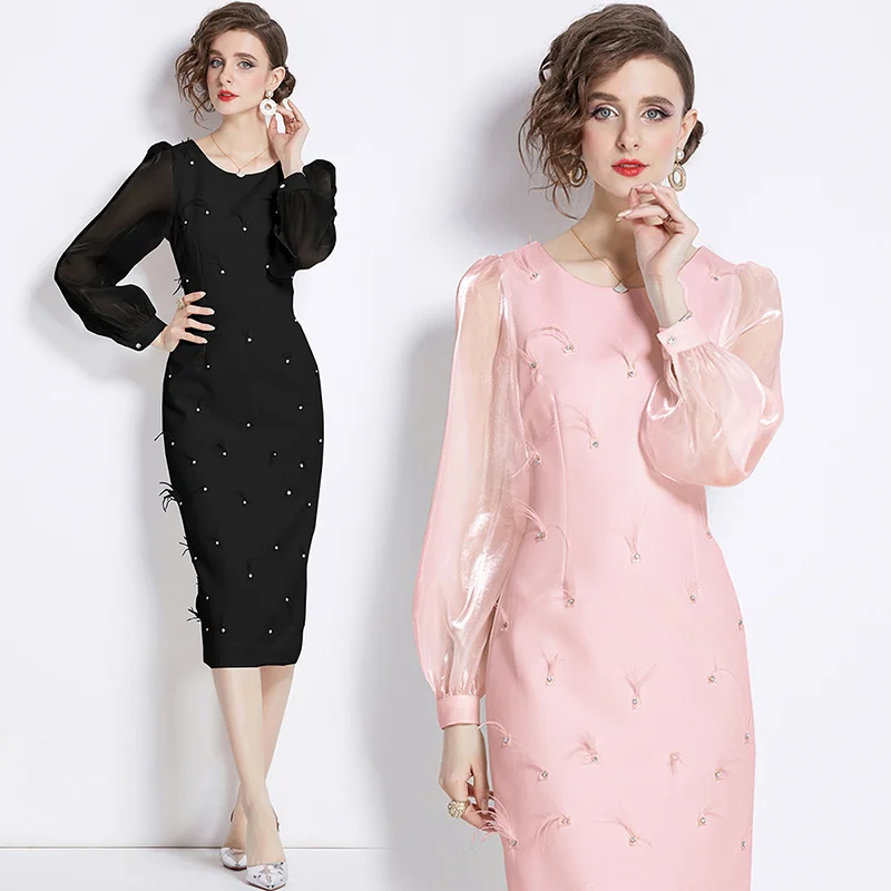

Women's Dress 2024 French Style Brief Solid Sleeve Puff Sleeve Gauze Diamonds Zipper O-Neck Pink Long Dresses