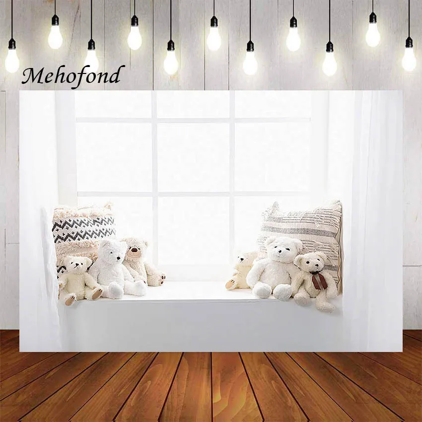 

Фон для фотосъемки Mehofond интерьер белые окна занавеска ребенок медведь Детский День Рождения Вечеринка портрет Фотостудия