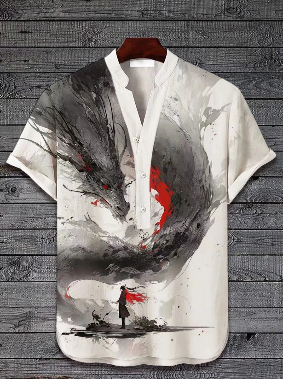 

Мужская рубашка с коротким рукавом, цифровая Термотрансферная рубашка с 3D-принтом дракона, с перекрестным воротником-стойкой, с принтом пейзажа