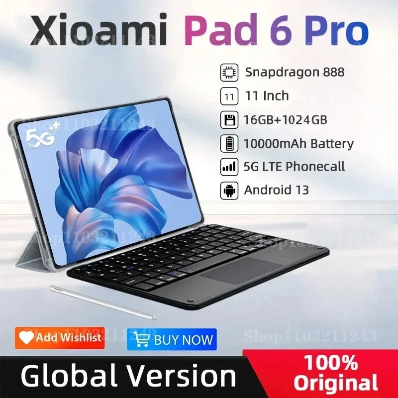 

2024 Original Pad 6Pro 4K Global Tablet PC 11inch Snapdragon 888 Android13 16GB 512GB 120hz 5G Dual SIM Card WIFI Phone Call
