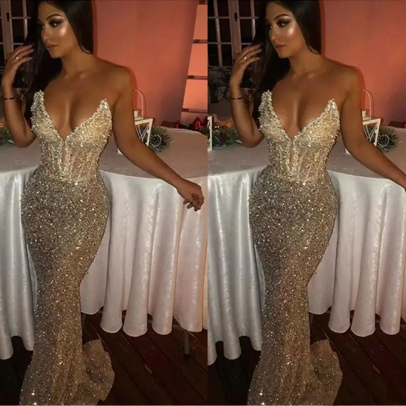 Sequins Shiny Light Champagne Prom Dresses Sexy Bling Sweetheart Mermaid Sleeveless Long Sweep Train Deep V Neck Evening YD
Sequins Shiny Light Champagne Prom Dresses Sexy Bling Sweetheart Mermaid Sleeveless Long Sweep Train Deep V Neck Evening YD
