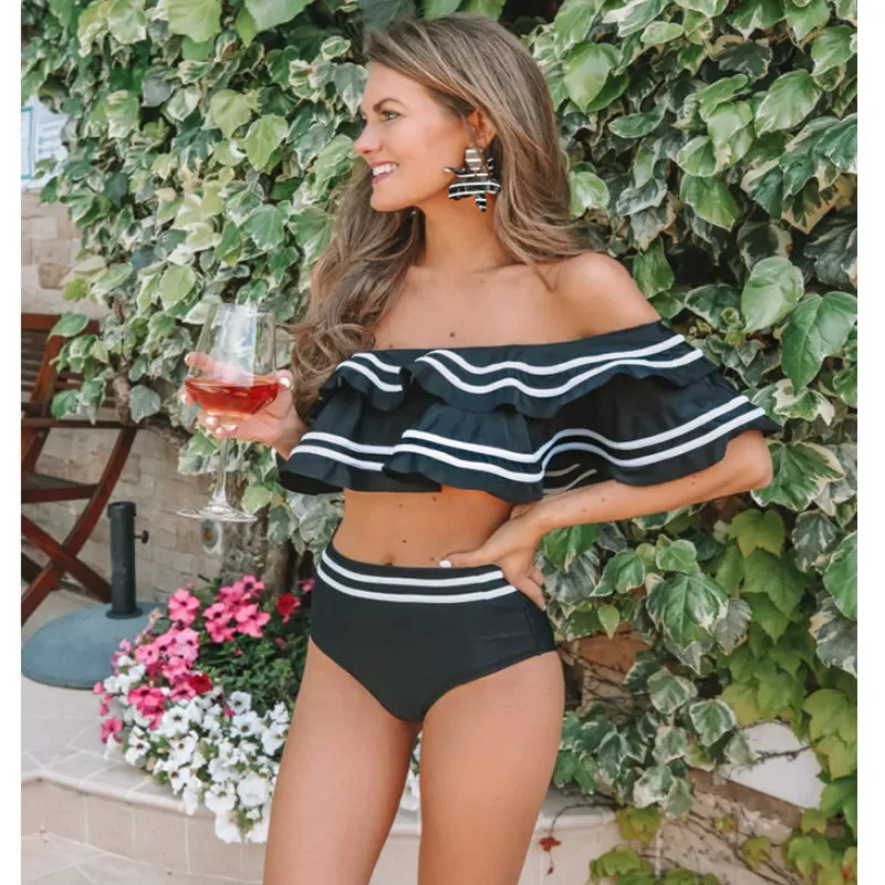 

TEELYNN black striped 2024 women bikini set two pieces sexy off shoulder ruffles high waist bathing suits summer beach swimsuits