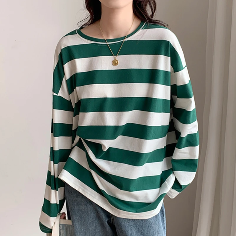 Casual Cotton Long Sleeve Striped Oversized T Shirt Women Long Tshirts Korean Style Loose Autumn Womens Clothing Camiseta Mujer
Casual Cotton Long Sleeve Striped Oversized T Shirt Women Long Tshirts Korean Style Loose Autumn Womens Clothing Camiseta Mujer