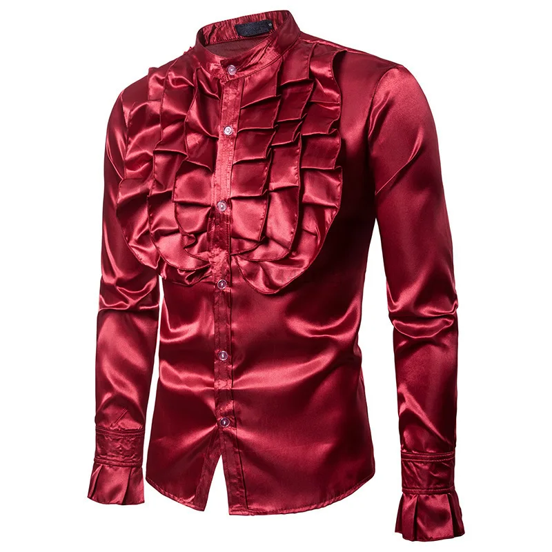 

2023 Vintage 70s Frill Ruffle Dress Shirt For Men Vicotorian Costume Top Halloween Gothic Punk Retro Tee Faxu Silk Cravat Shirt