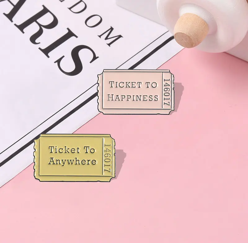 Tickets to Happiness Anywhere Enamel Pins Custom Vintage Ticket Brooches Bag Clothes Lapel Pin Badges Creative Jewelry Gift
Tickets to Happiness Anywhere Enamel Pins Custom Vintage Ticket Brooches Bag Clothes Lapel Pin Badges Creative Jewelry Gift