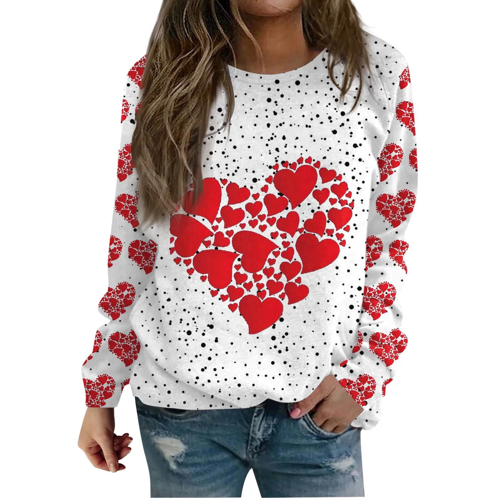

Женский свитшот с графическим принтом на День святого Валентина, повседневный пуловер с длинным рукавом, весенний топ, топ с длинным рукавом, женская одежда