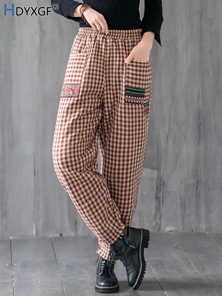 

Warm Loose Elastic High Waist Cotton Pantalones Women's Casual Quilted Thicken Ankle-length Trouser Vintage Patchwork Plaid Pant