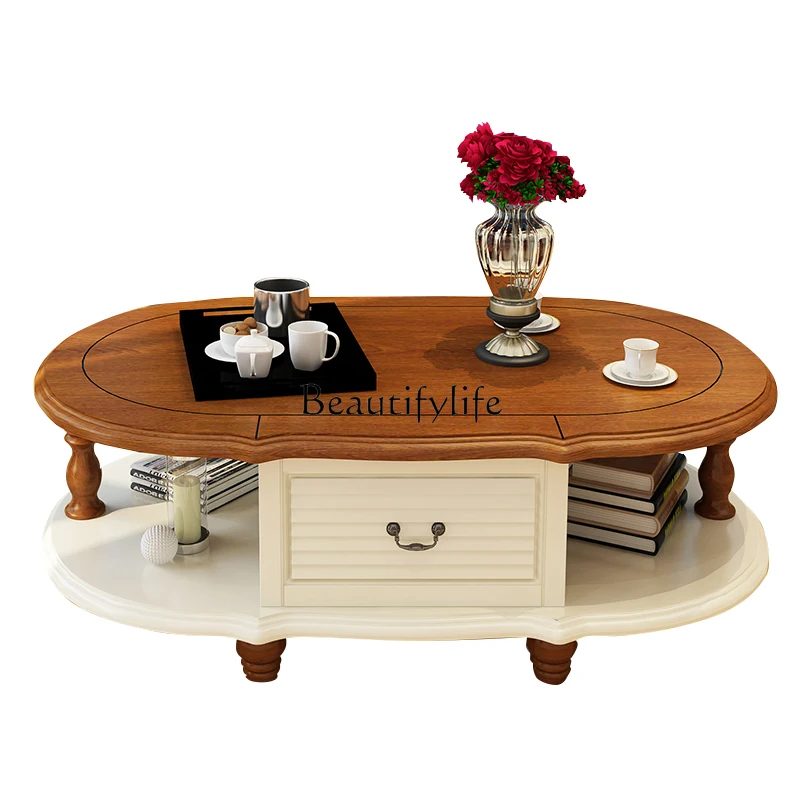 

Круглый журнальный столик из массива дерева в американском стиле, тумба для телевизора, Средиземноморский гостиная, мебель для чайного столика с двумя выдвижными ящиками