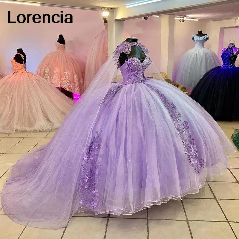 

Lorencia принцесса Сиреневое платье Quinceanera с накидкой 3D Цветы Бисер Аппликация бальное платье милое 16 Vestidos De 15 лет YQD798