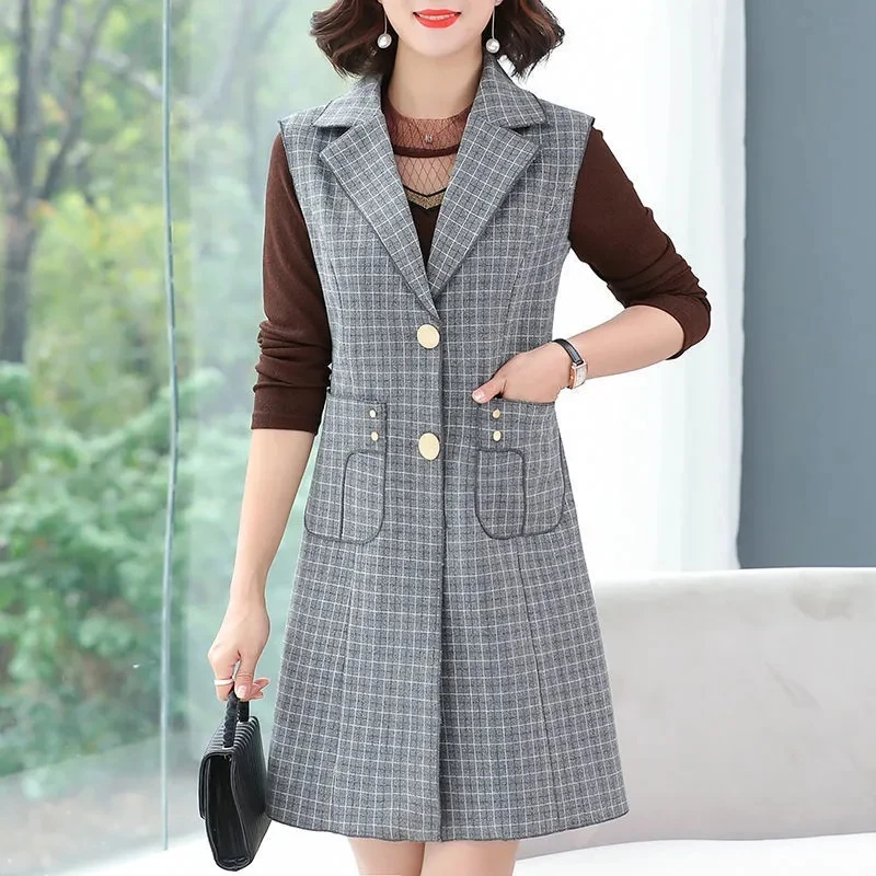 

Spring And Autumn Blend Woolen Vest Windbreaker Women's Sleeveless Middle-aged And Ederly Mothers Outwear Long Plaid Jacket