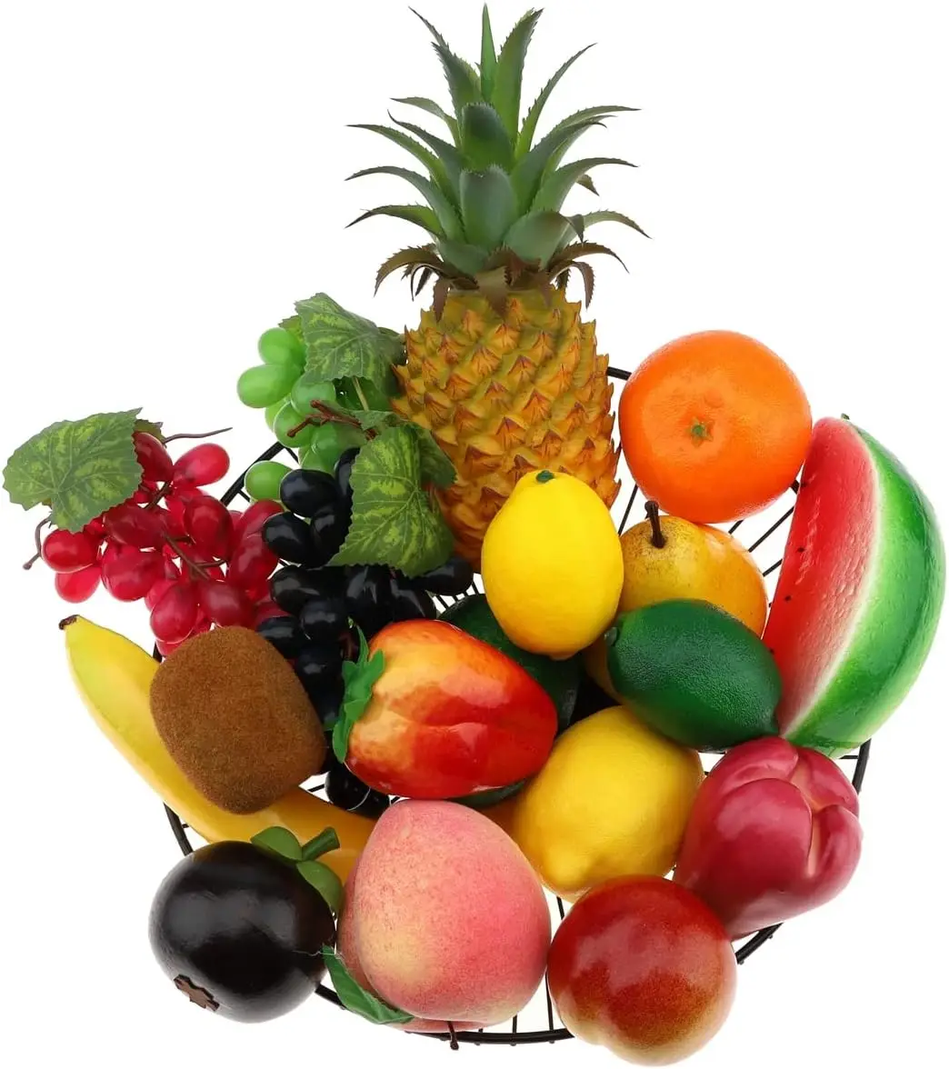 

18 PCS Artificial Fruits Decoration Home Pineapple Grape Strawberries Pear Oil Orange Lemon Wax Apple Banana Peach Combination