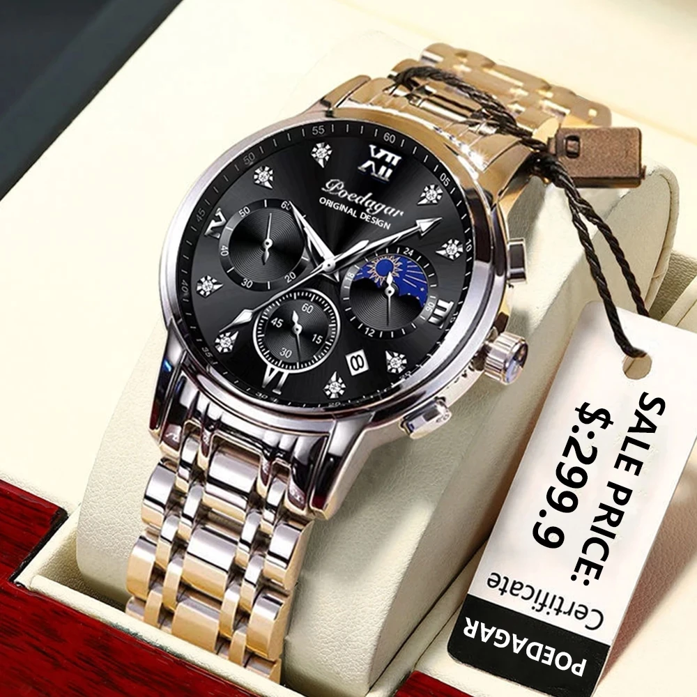 

POEDAGAR Brand Fashion Moon Phase Chronograph Quartz Watch For Men Luxury Stainless Steel Waterproof Luminous Date Mens Watches