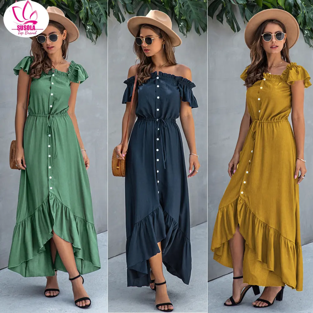 

SUSOLA Super Long Dress Dress Robe Elegant Off-shoulder Women's Strapless Halter Ruffle Summer Summer Casual Ladies Fit