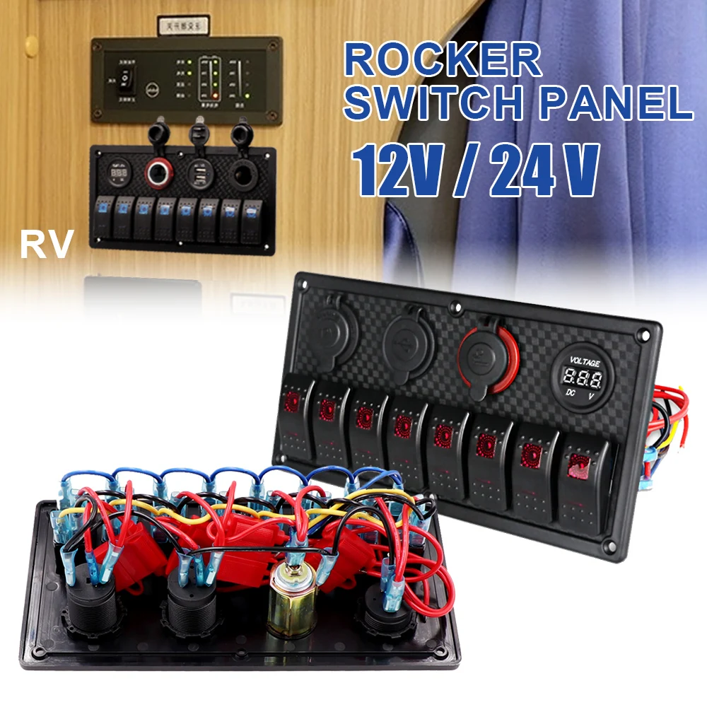 

12/ 24V 8 Gang Car Boat RV Waterproof Switch Panel Rocker With Dual USB Charging Circuit Breaker Voltage Overload Protection