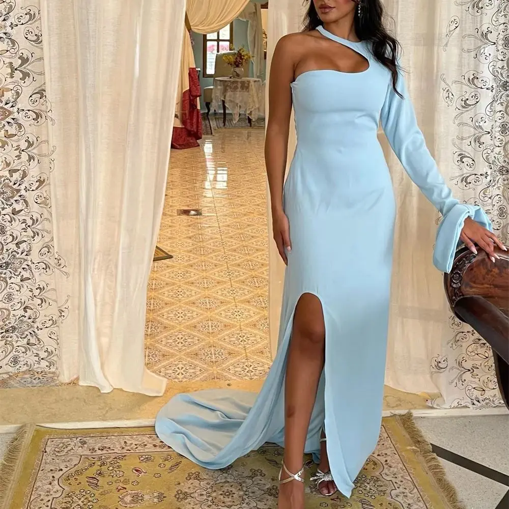 

One Shoulder Long Sleeve Prom Gown High Side Slit Evening Dresses Modern Backless Court Train Party Dress فساتين للحفلات الراقصة