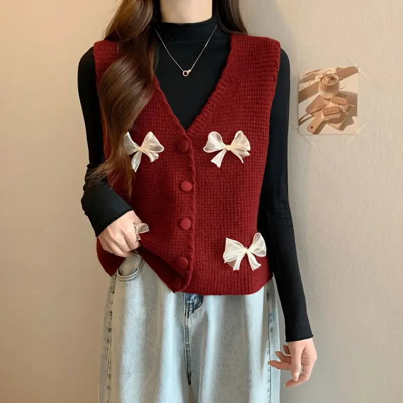 

Autumn New Sweet Bow Solid Color V-neck Sleeveless Sweater Vest Female All-match Young Style Buttons Knitting Loose Cardigan