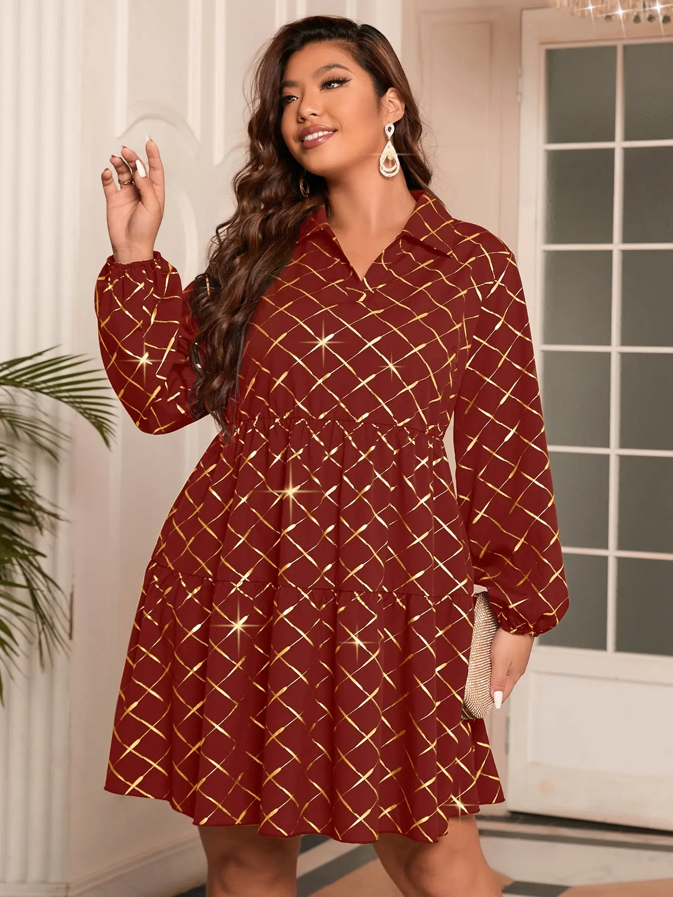 Finjani Plus Size Elegant Dress, Women's Plus Golden Argyle Print Lantern Sleeve V Neck Slight Stretch Smock Mini Dress
Finjani Plus Size Elegant Dress, Women's Plus Golden Argyle Print Lantern Sleeve V Neck Slight Stretch Smock Mini Dress
