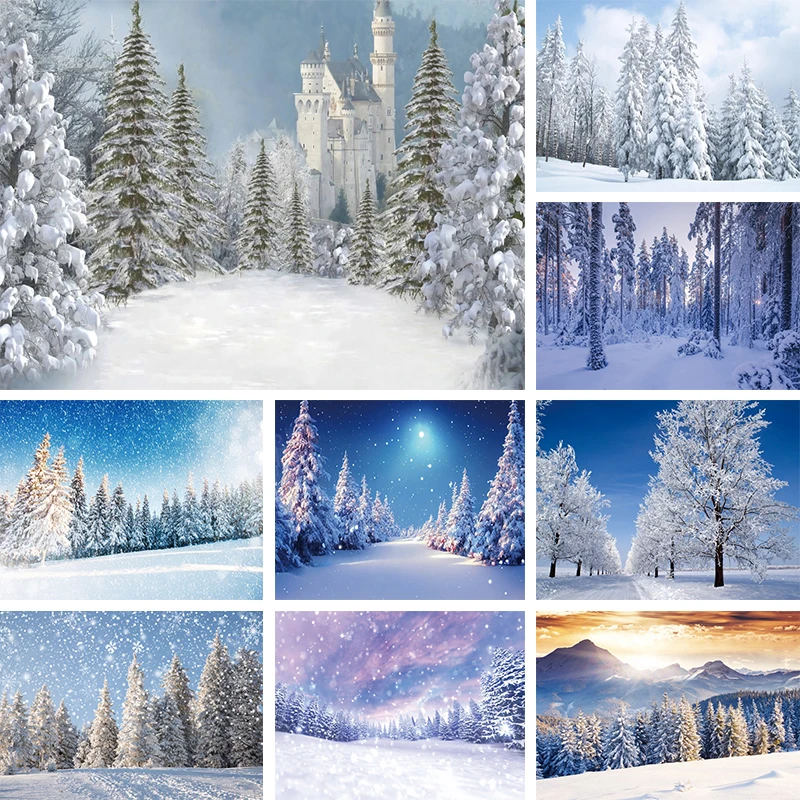 

Snowy Scenery Backdrop Winter Forest Pine Trees Photography Background Snowfield Snow Mountain White Castle Banner Decorations