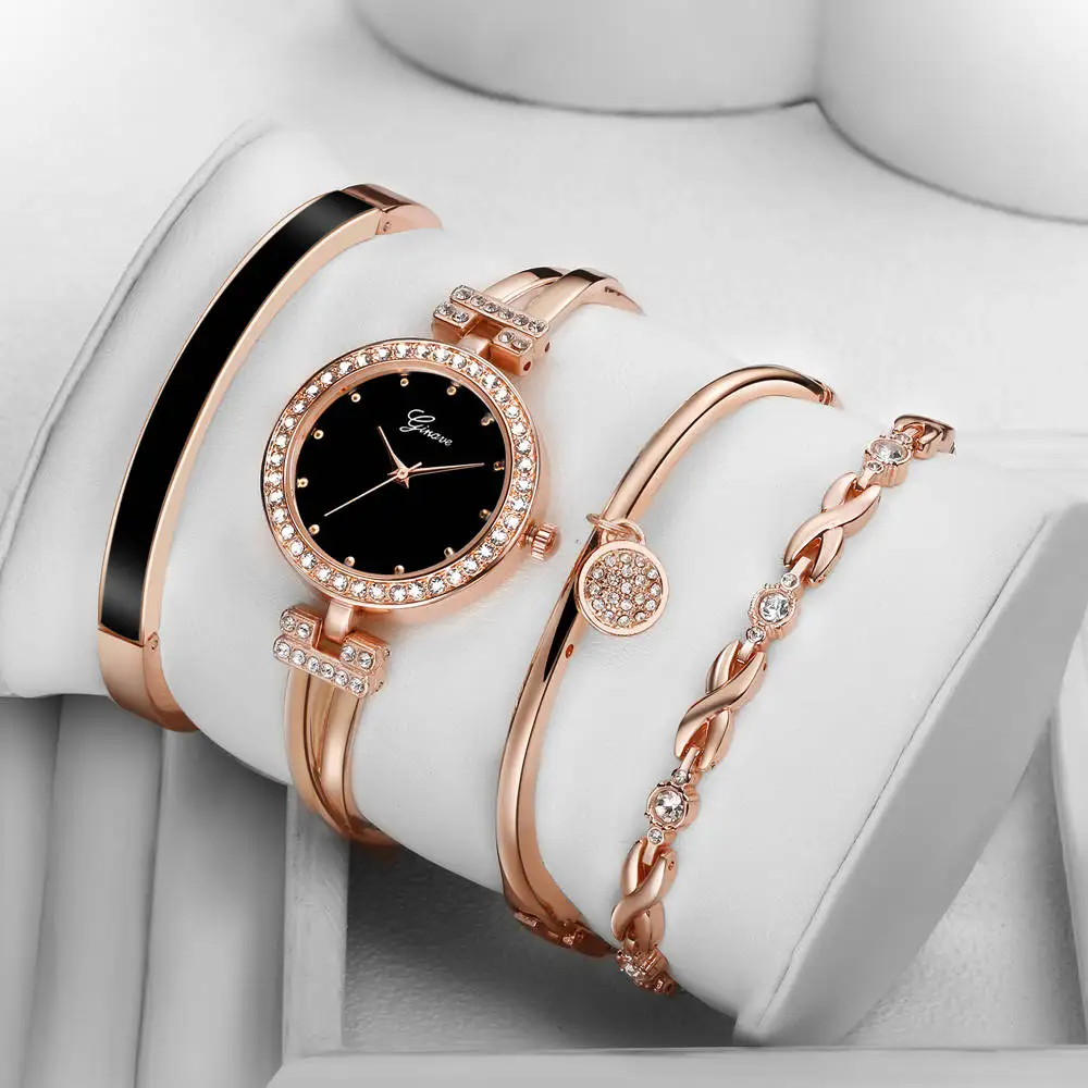 

Sdotter 4 PCS Set Ginave Watch Women Rose Gold Diamond Bracelet Watch Luxury Jewelry Ladies Female Girl Hour Casual Quartz Wrist