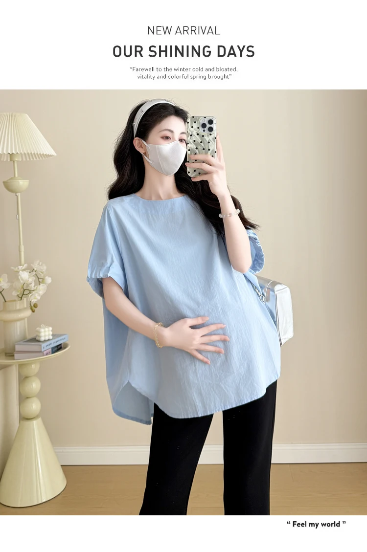Korean Style Summer Cotton Maternity Shirt Short Sleeve O-neck Side Split Plus Size Asymmetrical Pregnancy Blouses Loose Fit Top 9 Se2e12bb12b6c422888f106d1a9e23244m