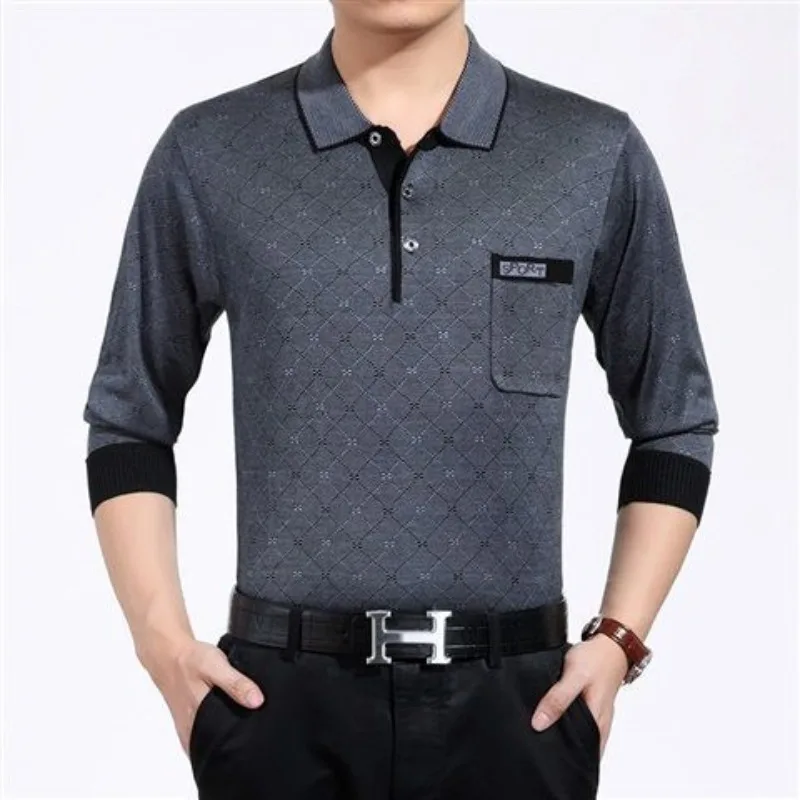 

Spring and Autumn Men's Turndown Collar Patch Button Pocket Fashion Solid Color Slim Fit Color Block Long Sleeved Polo Shirts