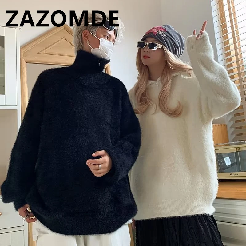 

ZAZOMDE Winter Warm Turtleneck Sweater Men Fashion Loose Casual Thick Sweaters Solid Color High Street Couple Pullover Sweater