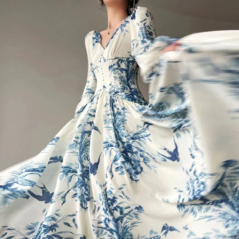 French Floral High Waist A Line Party Dresses Women V Neck Chiffon Large Skirt Vintage Elegant Lantern Sleeve Casual Long Skirt
French Floral High Waist A Line Party Dresses Women V Neck Chiffon Large Skirt Vintage Elegant Lantern Sleeve Casual Long Skirt