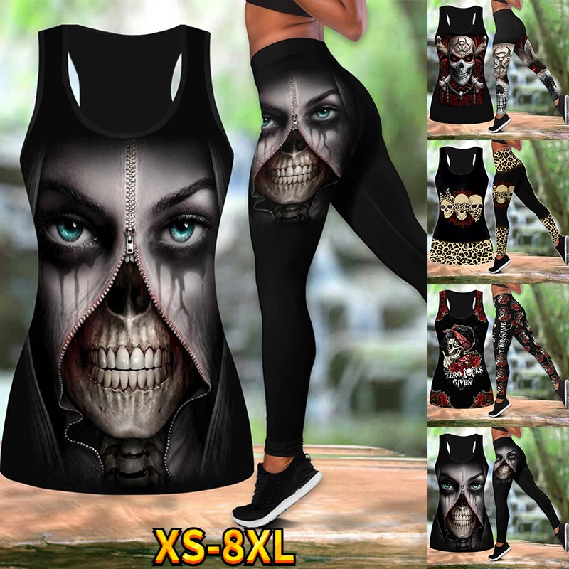 

Skull Combo Hollow Tank Top & Leggings Outfit All Over Printed 3D Women Yoga Suits Leggings and Hollow Out Tank Tops Suit XS-8XL