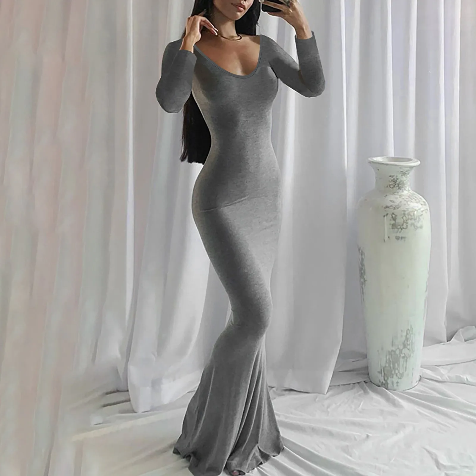 Sexy Skinny Fit Long Dress Women V-Neck Long Sleeve Elegant Slim Maxi Dress Solid Color Evening Party Dress
Sexy Skinny Fit Long Dress Women V-Neck Long Sleeve Elegant Slim Maxi Dress Solid Color Evening Party Dress