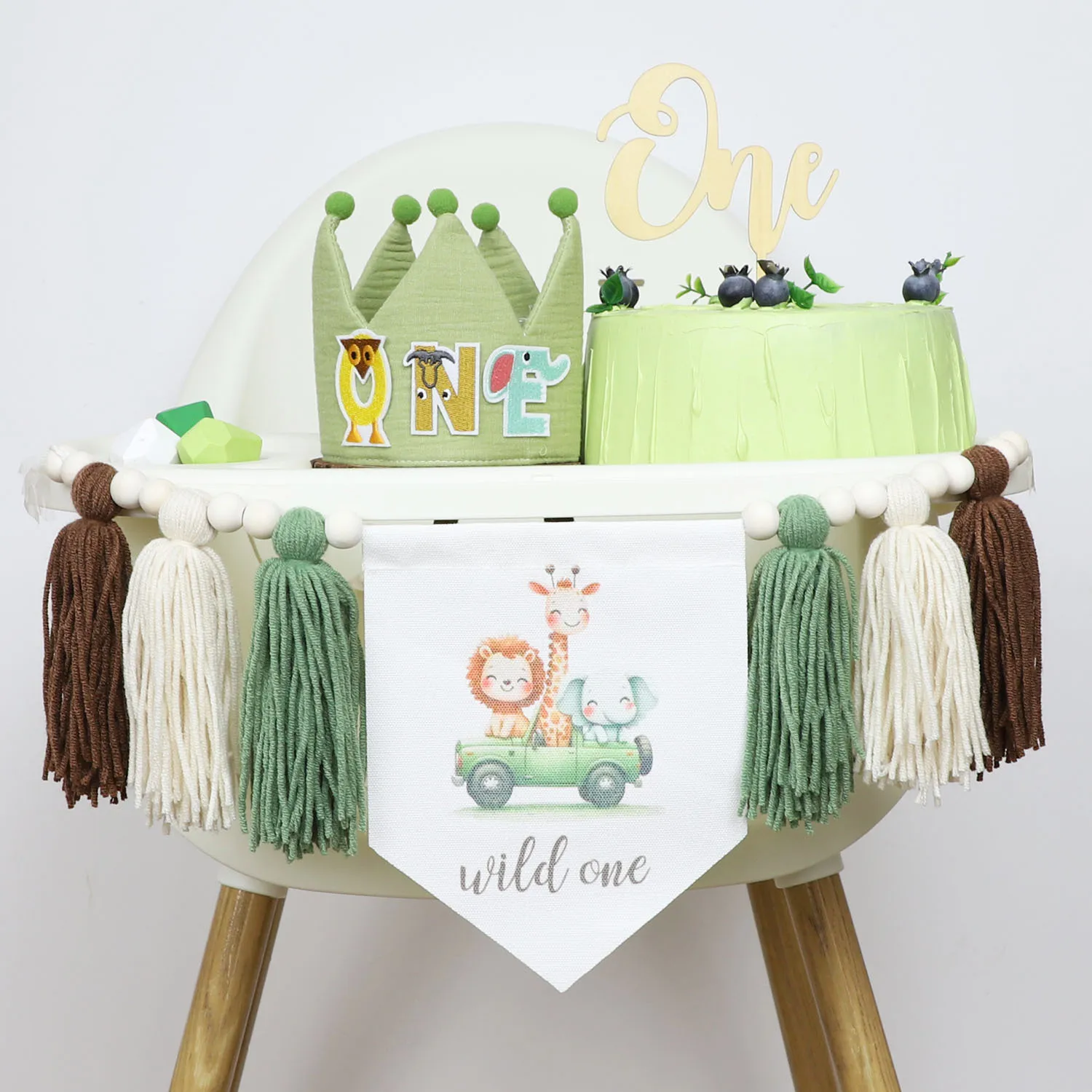 Green Lion 1st Birthday Banner - Wood Bead Tassel High Chair Decor 3 Se2e6dc33241848cdba6b5e63b11631da1