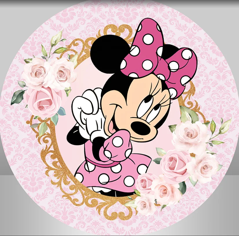 

Disney Minnie and Mickey Mouse Round Backdrop Cover Baby Boy Girl Clubhouse Birthday Circle Background Kids 1st 2nd Banner