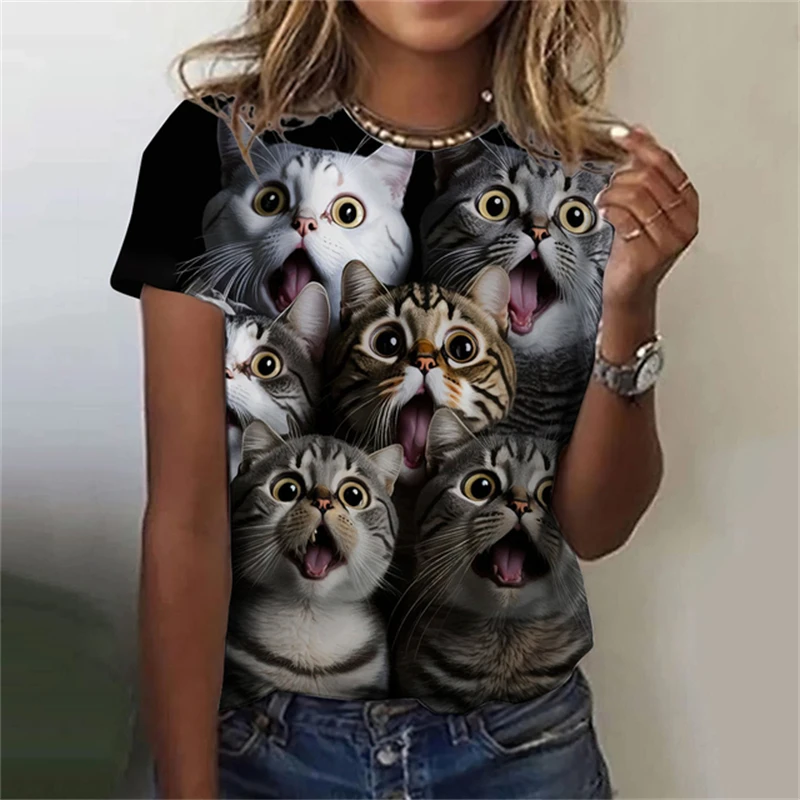 

Fashion Women's T-shirts Animal 3D Print Tops Summer Short Sleeve T Shirts Kawaii Cat Graphic Tee Loose Plus Size Design Clothes