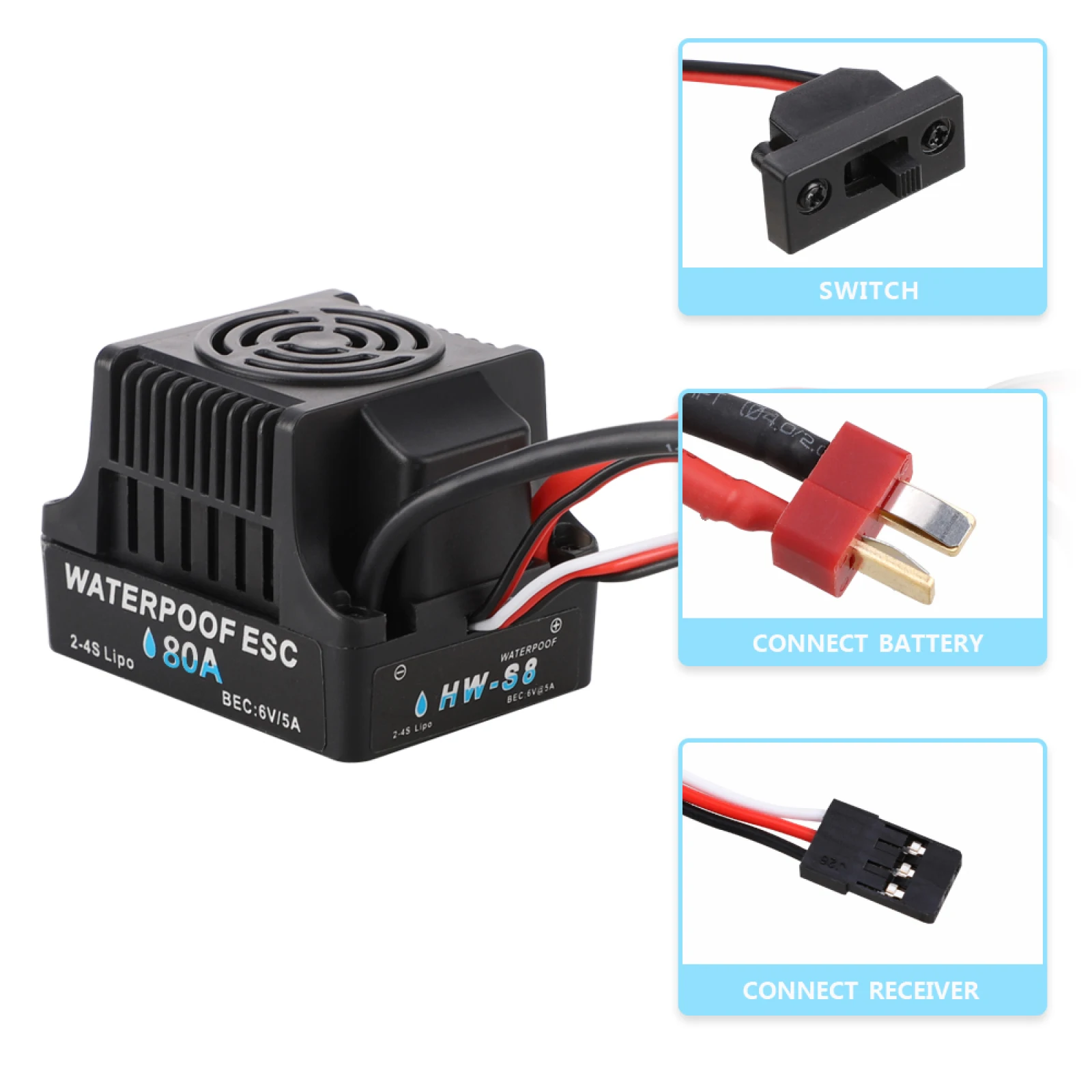 Waterproof 80A RC Brushless ESC Electronic Speed Controller Dust-proof With 6V / 5A BEC For 1/8 RC Car Accessories
Waterproof 80A RC Brushless ESC Electronic Speed Controller Dust-proof With 6V / 5A BEC For 1/8 RC Car Accessories