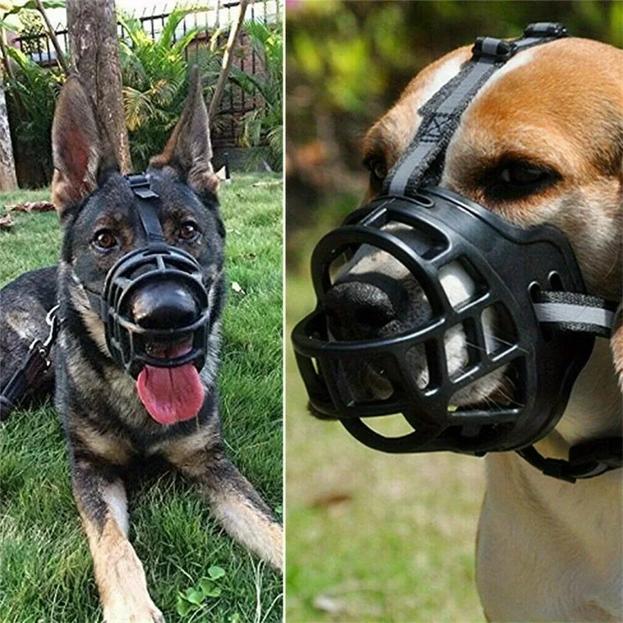 Adjustable Dog Muzzle | Breathable Comfortable for Small to Large Dogs Two side-by-side photos of different dogs wearing the basket muzzle. On the left, a German Shepherd sits on the grass with its tongue out inside the muzzle. On the right, a close-up shows a tan and white dog wearing the muzzle, highlighting the secure fit of the reflective straps.