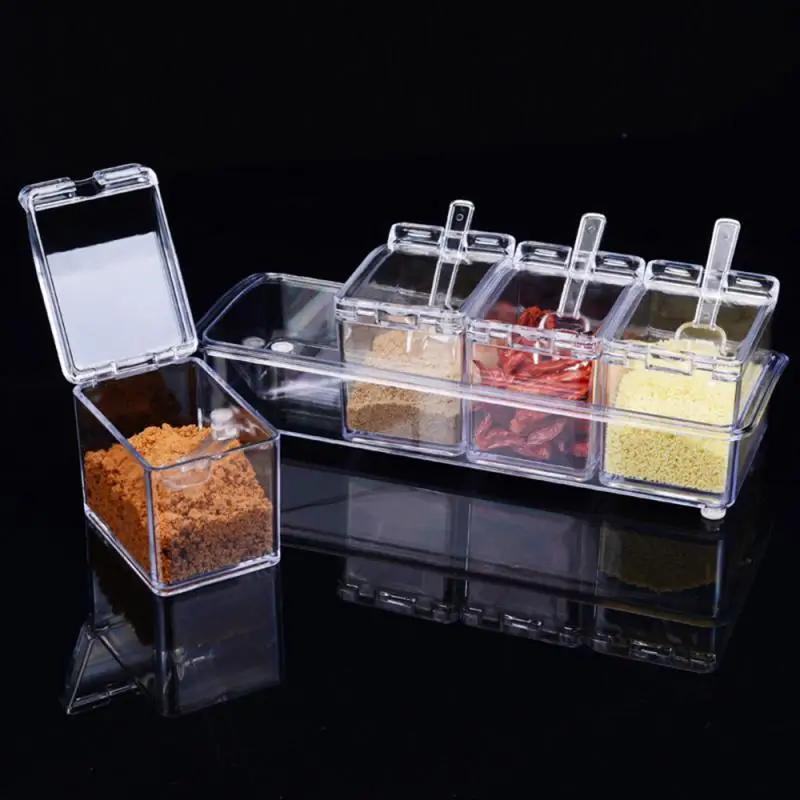 

Transparent Seasoning Box Four Grid Seasoning Box Kitchen Organizer Boxes Sugar Salt Spice Bottle Jar Set With Spoon