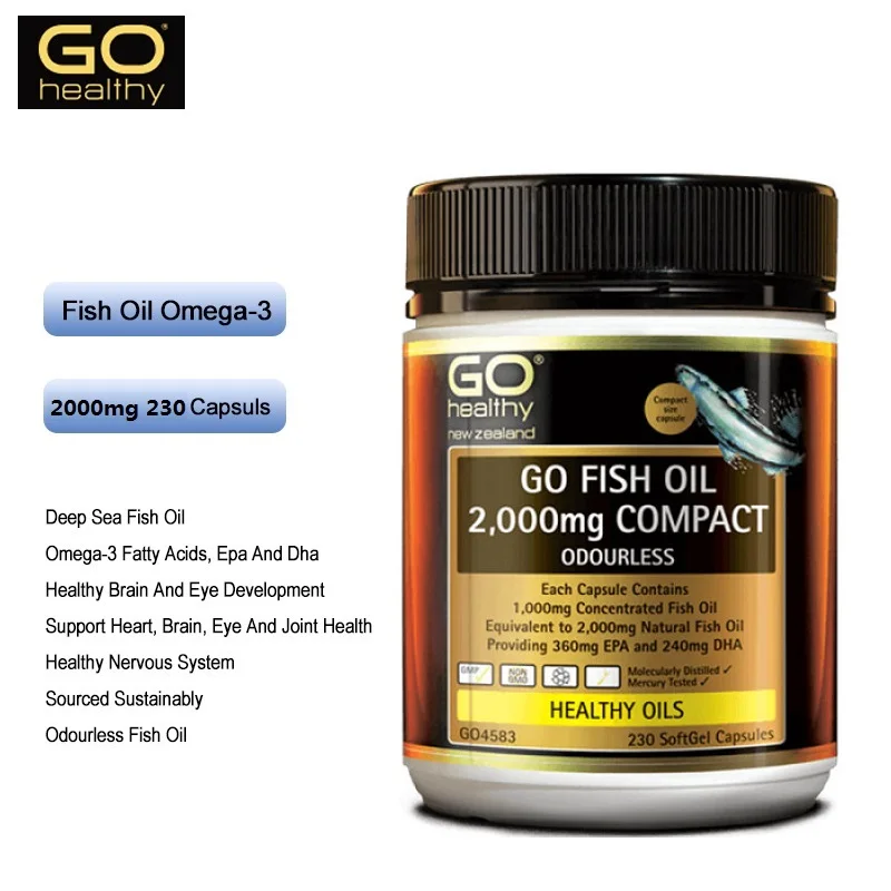 

NewZealand Go Healthy Deep Sea Fish Oil Odourless 2000mg 230 Compact Capsules Omega 3 Fatty Acid EPA DHA Eye Joint Mobility